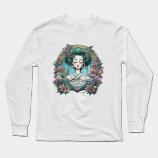 Green Geisha Art Deco Watercolour Long Sleeve T-Shirt